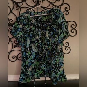 Floral Ruffle Women's Top - Blue and Green
